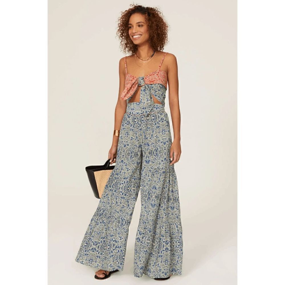 Carolina K‎ Women's Paisley Boho Blue Wide Leg Tiered Pants Size Medium